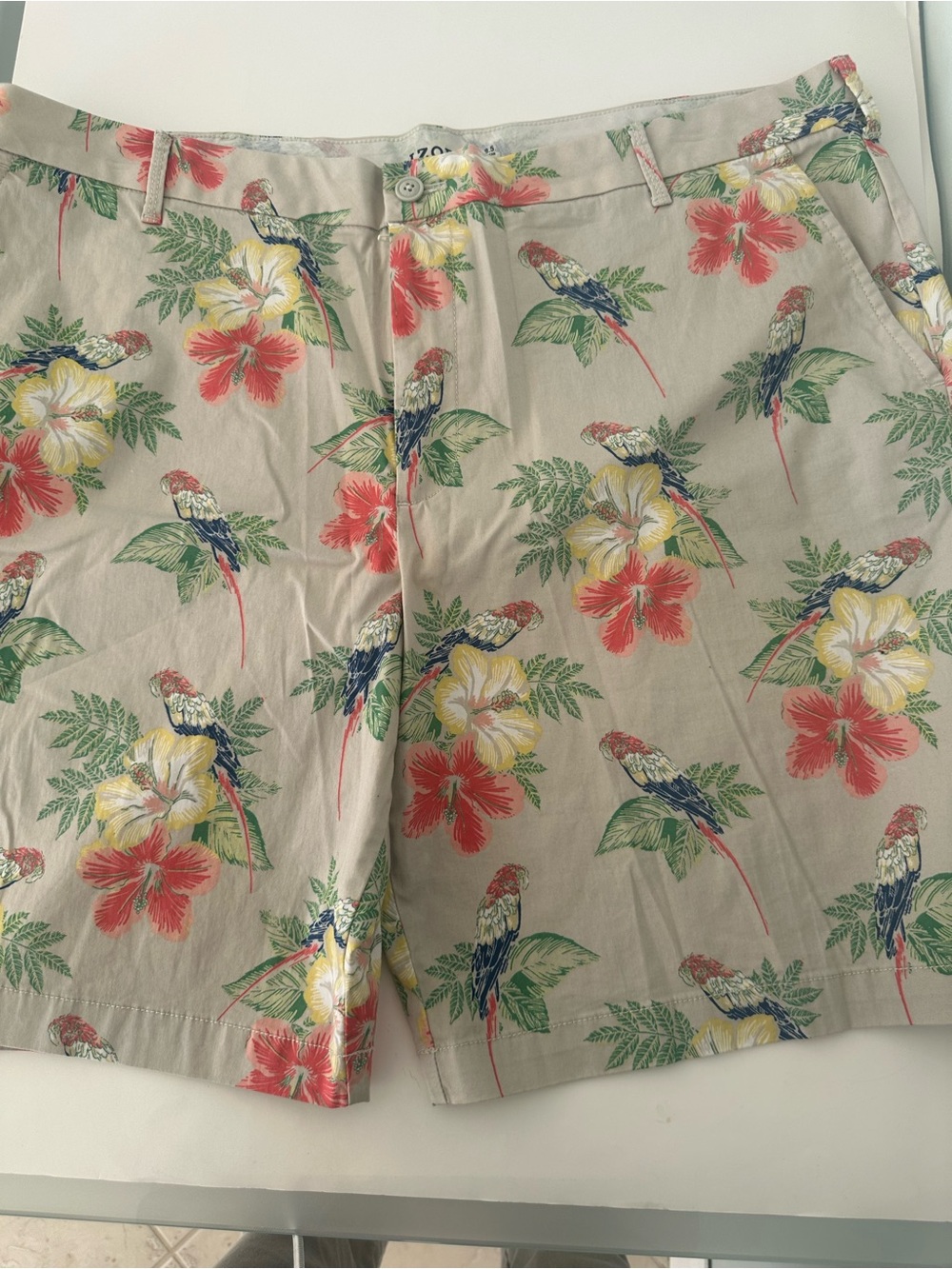 Izod Beige Tropical Parrot Print Shorts with Red & Yellow Florals